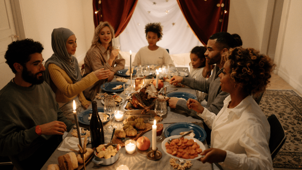 a family sitting at a table 