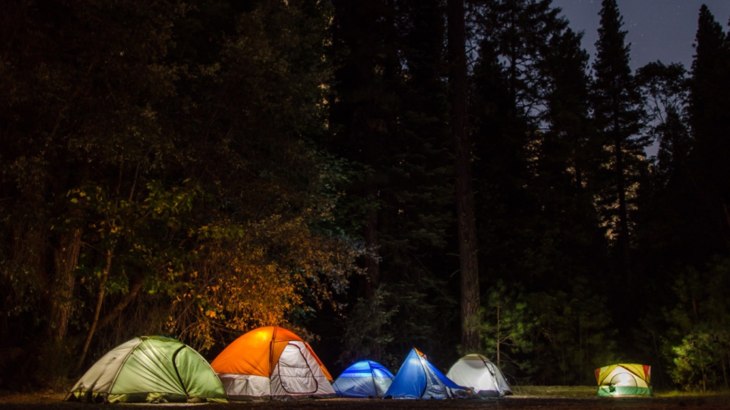 a group of tents at night in a field with a mountain in the background