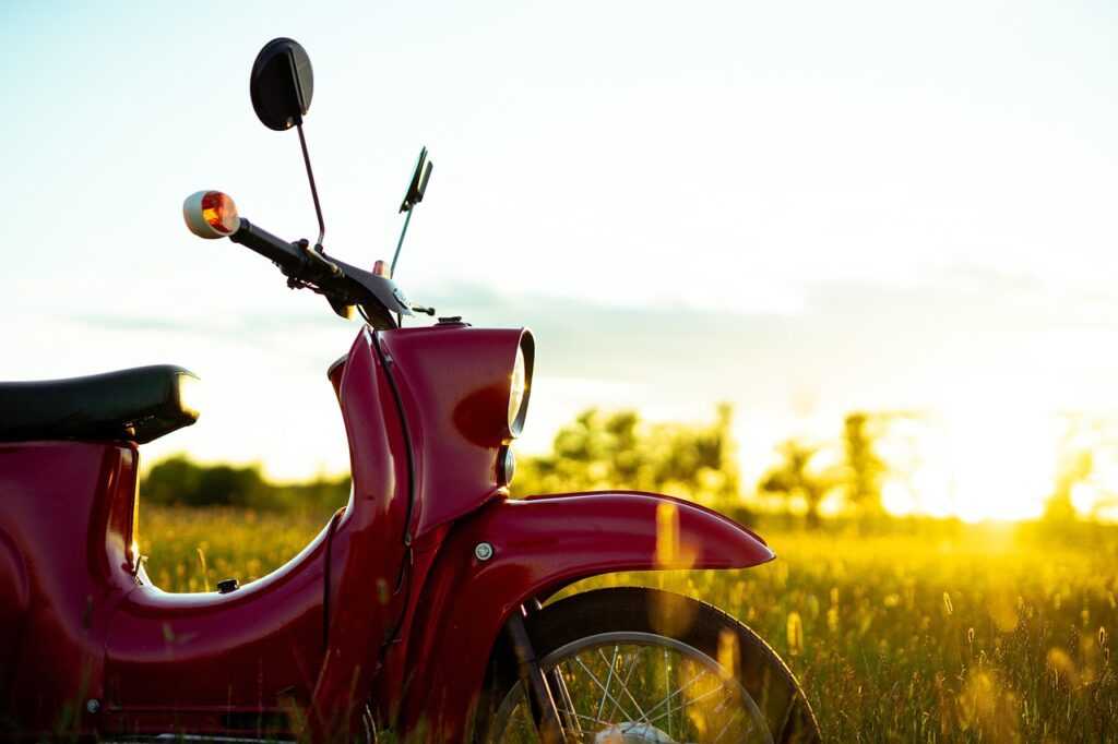 scooter, sunset, red motor, grasses, motorcycle, outdoor, meadow, transport, classic, retro, automobile, nature, automotive